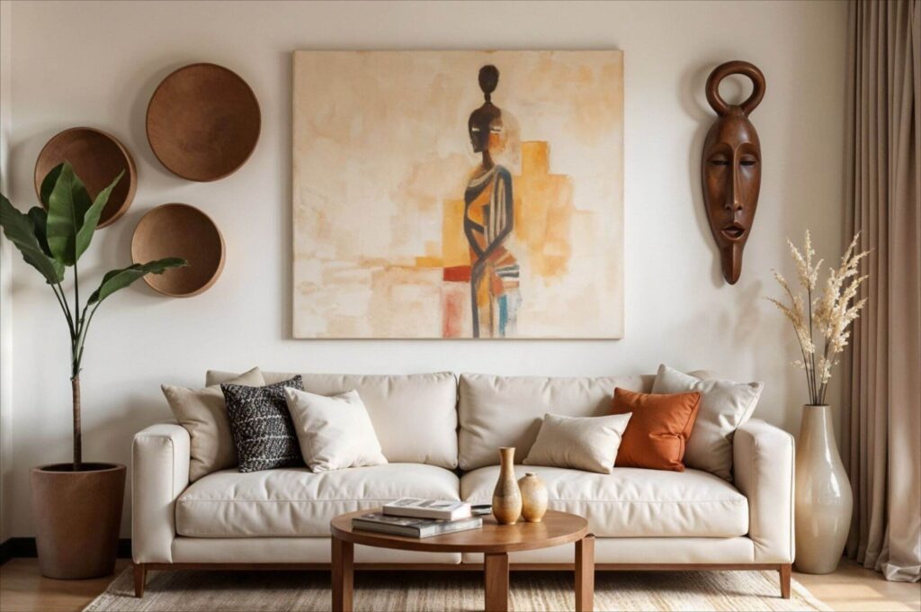 A cozy living room features a beige sofa with orange and white cushions, a wooden coffee table, and African-inspired art nicluding wall baskets, a painting and a wooden mask. Earthy tones and plants add warmth.