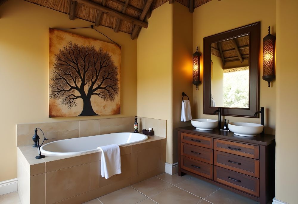 African decor for bathroom - African painting of a Baobab hanged over a Bathtub. Wooden cabinet and llarge mirror