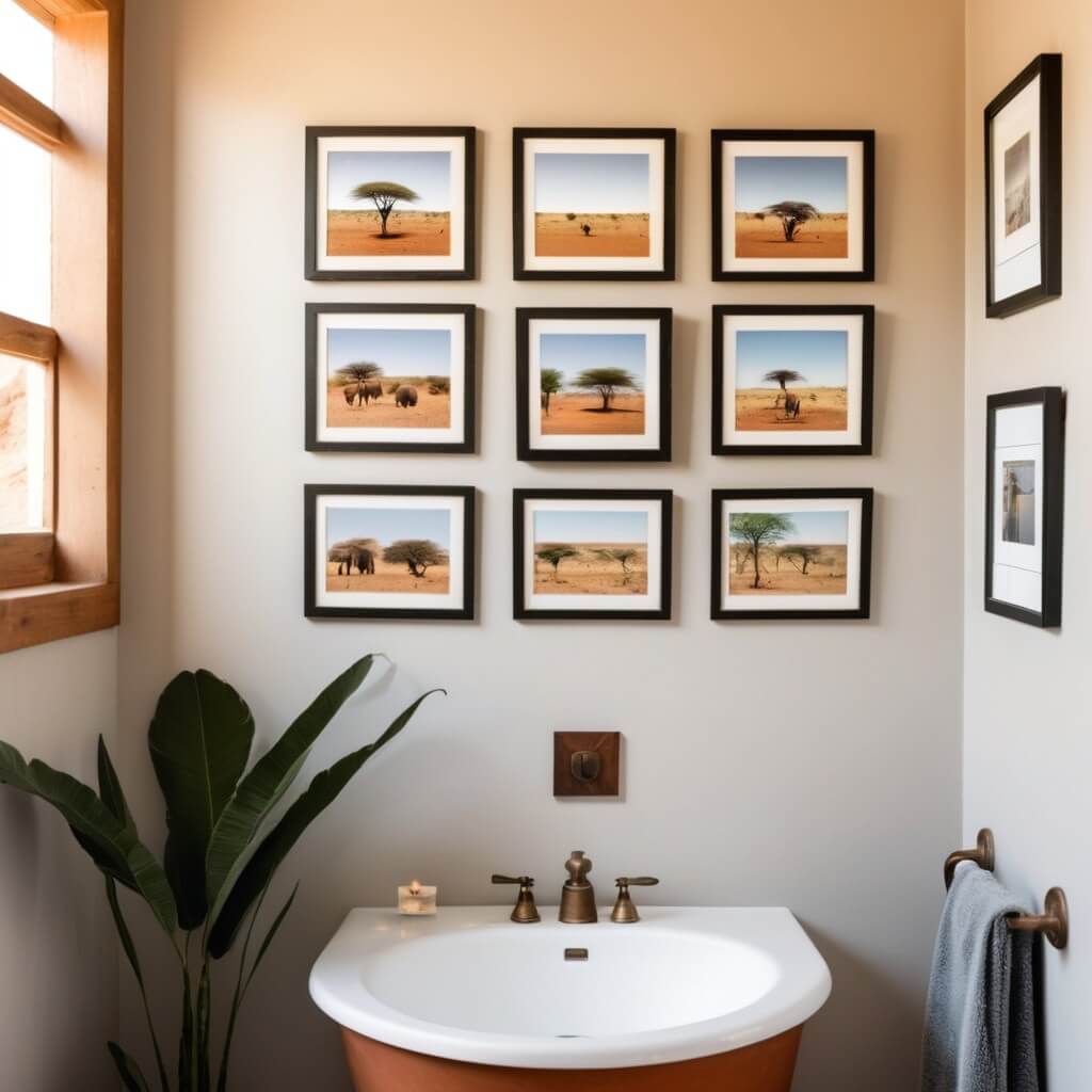 9 photos representing an African landscape hanged over a bathroom sink