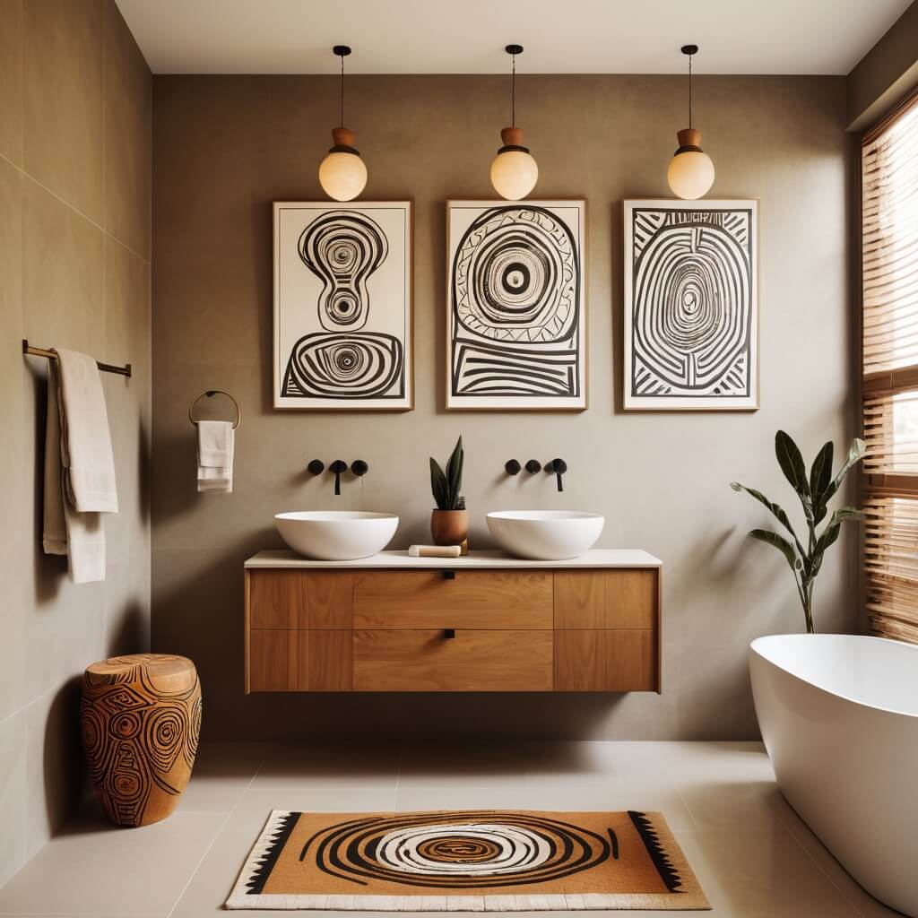 3 art pieces in an African inspired style hanged over a bathroom cabinet which has 2 sinks