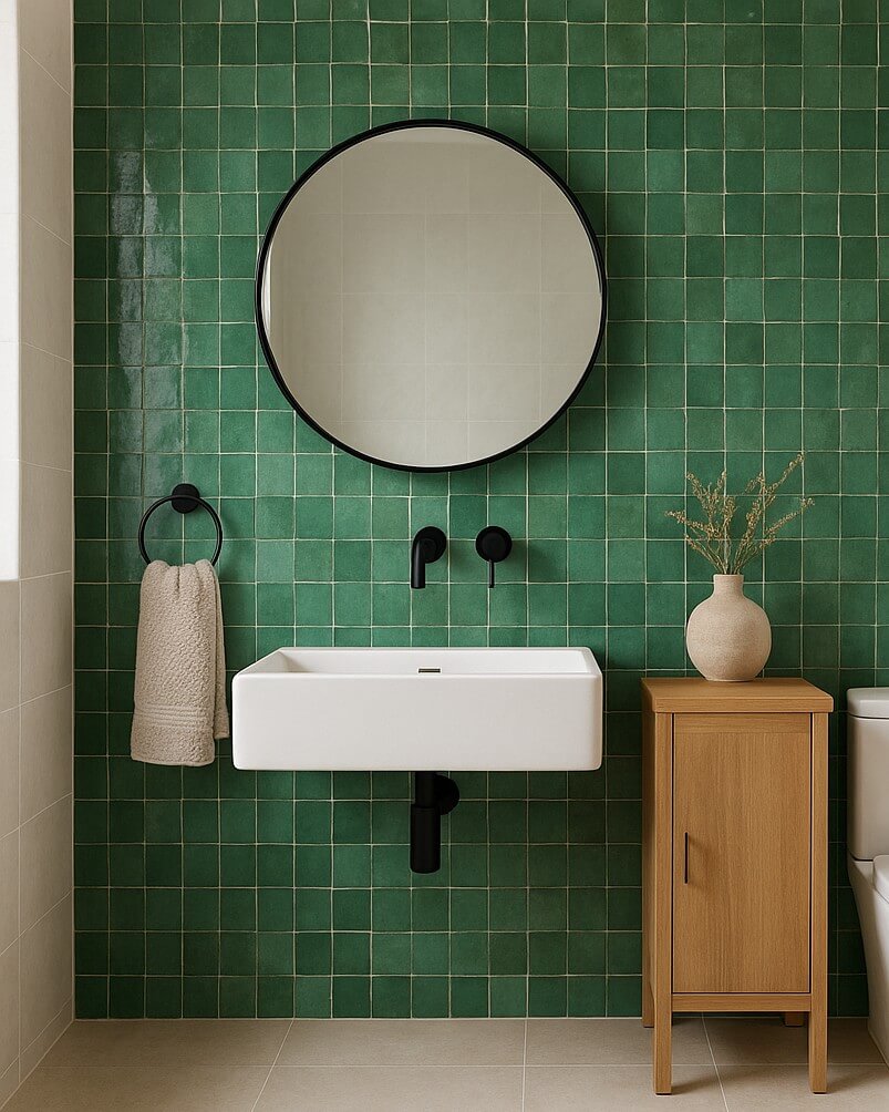 Modern bathroom with a green zellige tiled wall featuring a round mirror, white rectangular sink, and black fixtures. A wooden cabinet holds a vase with dried plants.
