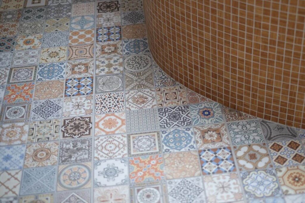 Stunning colorful Moroccan bathroom tiles on a bathroom floor