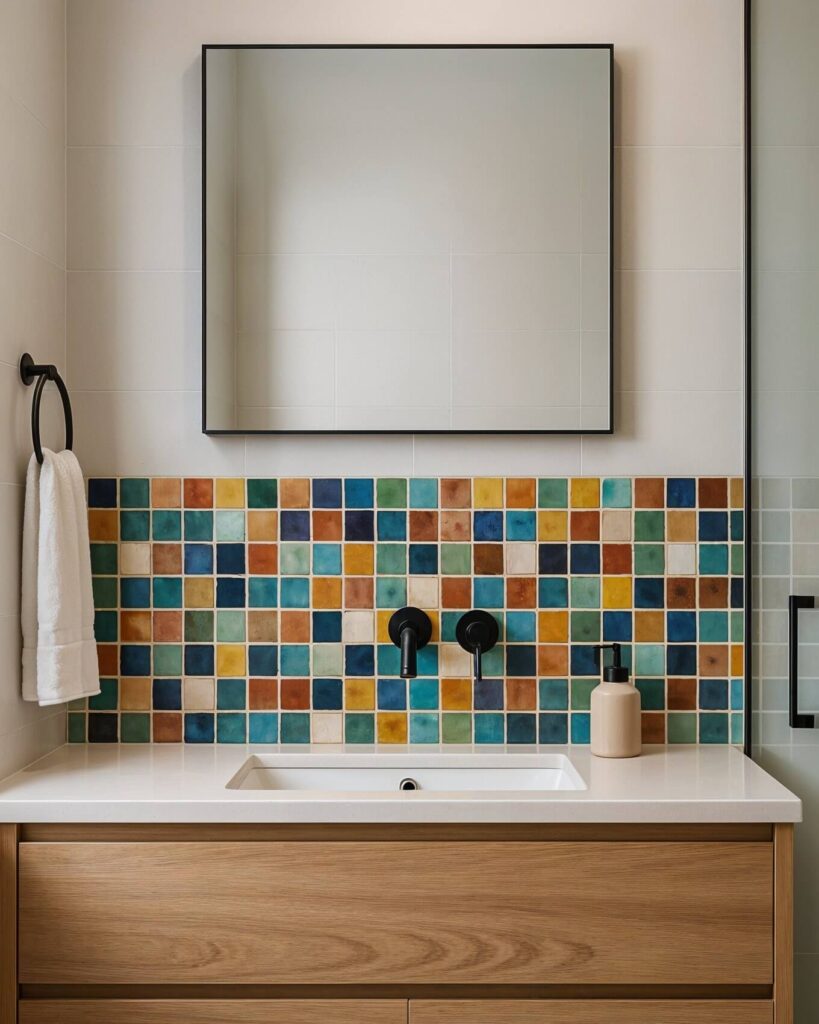 Modern bathroom with colorful zellige mosaic tiles in blue, green, and brown tones. Features a square mirror, sleek black faucet, and wooden vanity. Cozy and stylish.