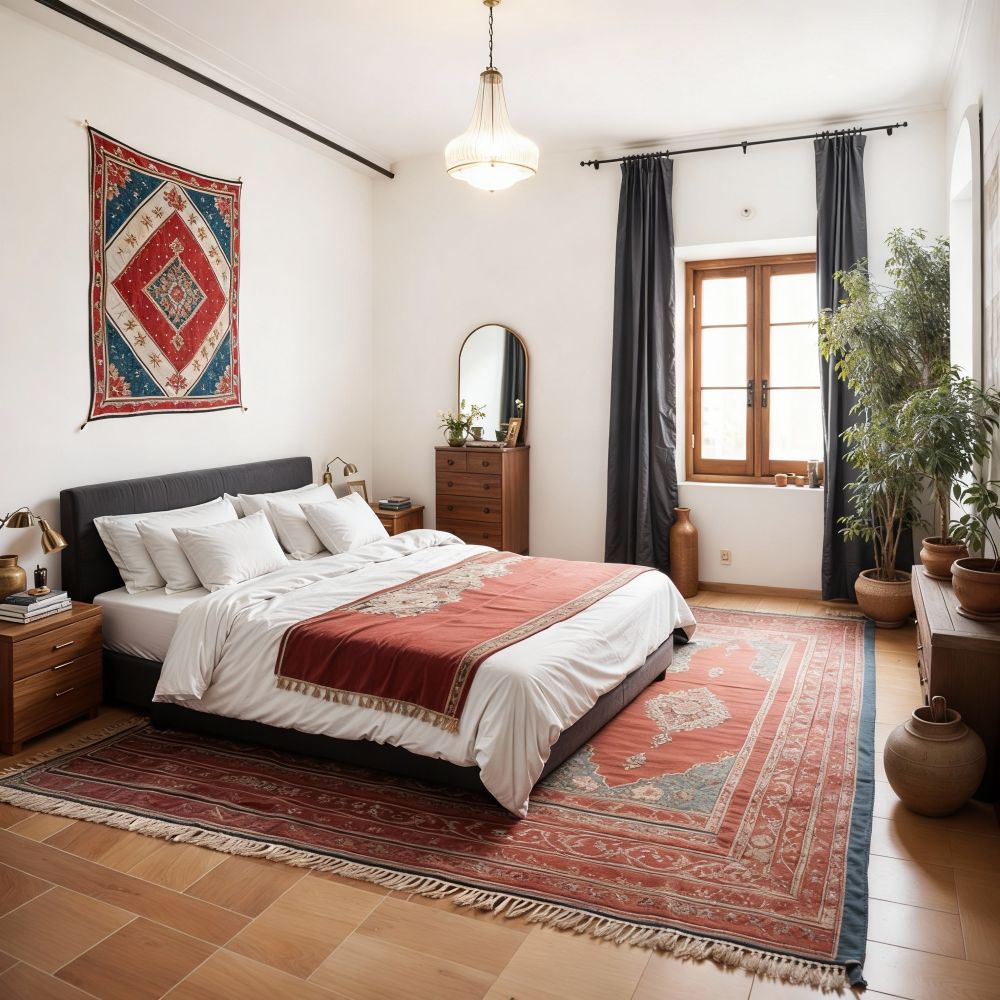 Red African rug in a beautiful modern bedroom with a California vibe
