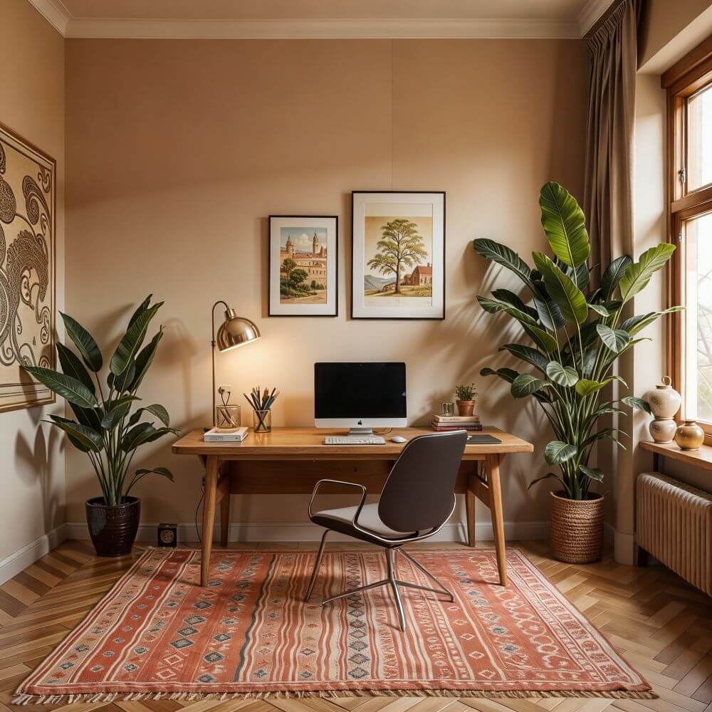 African interior design ideas: A home office setup showcasing a desk, ergonomic chair, and earthy tones, complemented by vibrant African-inspired rug and indoor plants.