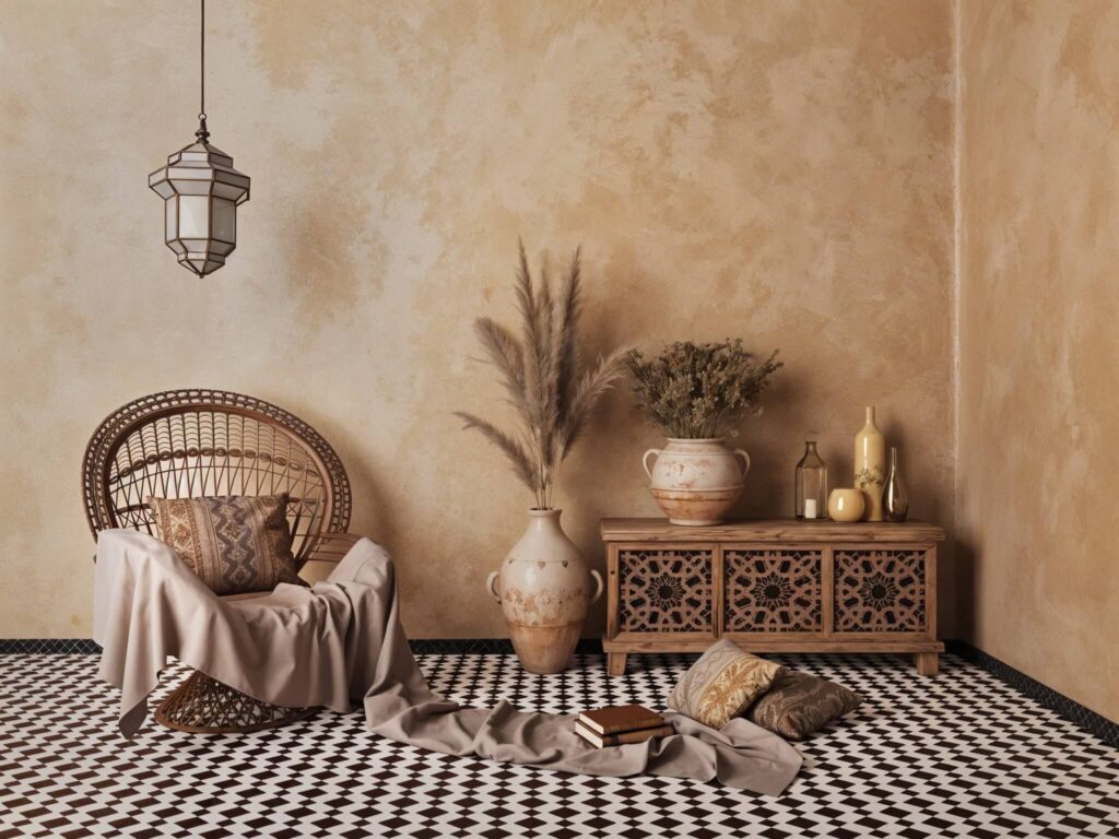 Room decorated with Moroccan decor, including a woven chair, a pendant lamp and Moroccan tiles on the floor