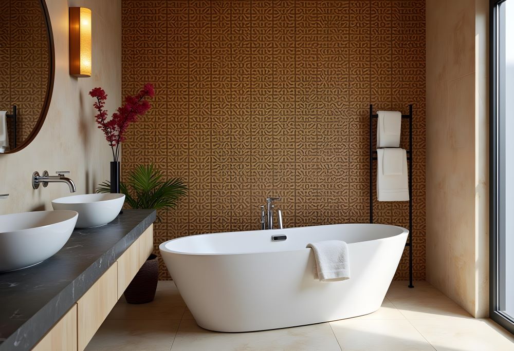 Sleek modern bathroom with African patterns painted on a large wall behind the bathtub