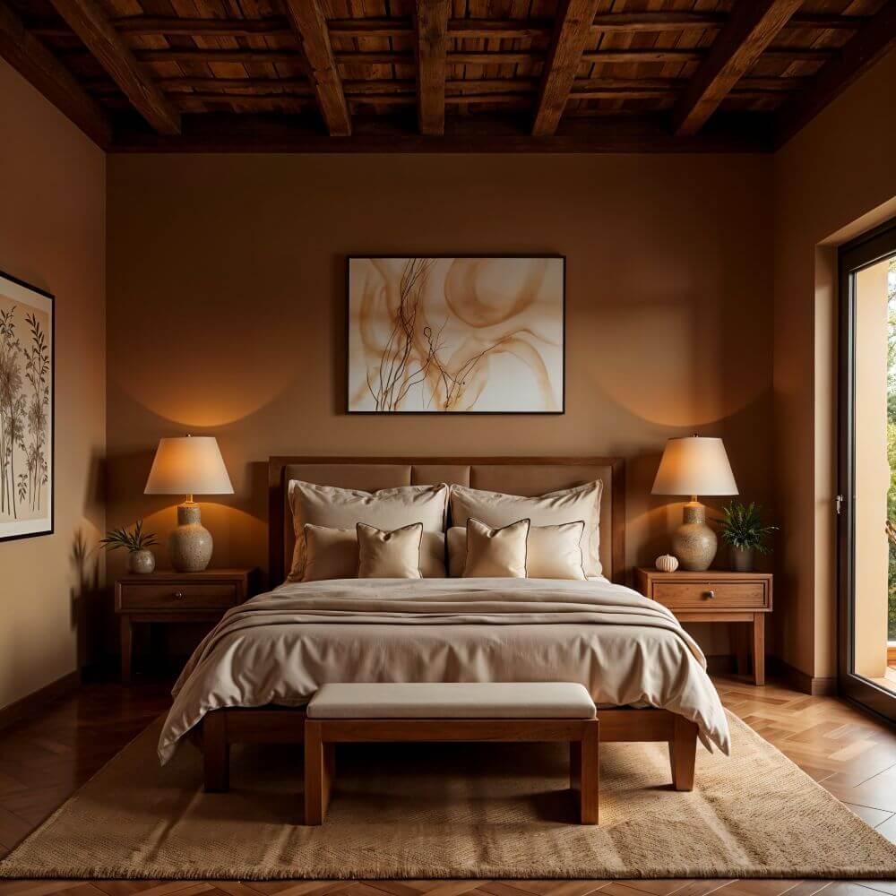 Bedroom showcasing African interior design ideas: A warm, inviting bedroom features earthy tones with a wooden-beamed ceiling above a large bed flanked by matching nightstands and lamps. Artwork adorns the ochre-colored walls, complementing the room's rich, natural palette.