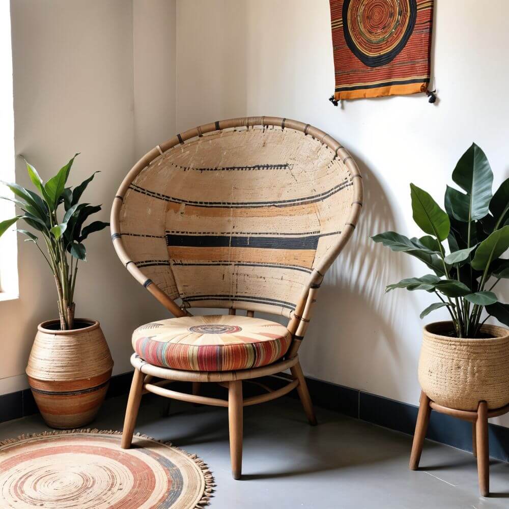 Woven chair in the corner of a room