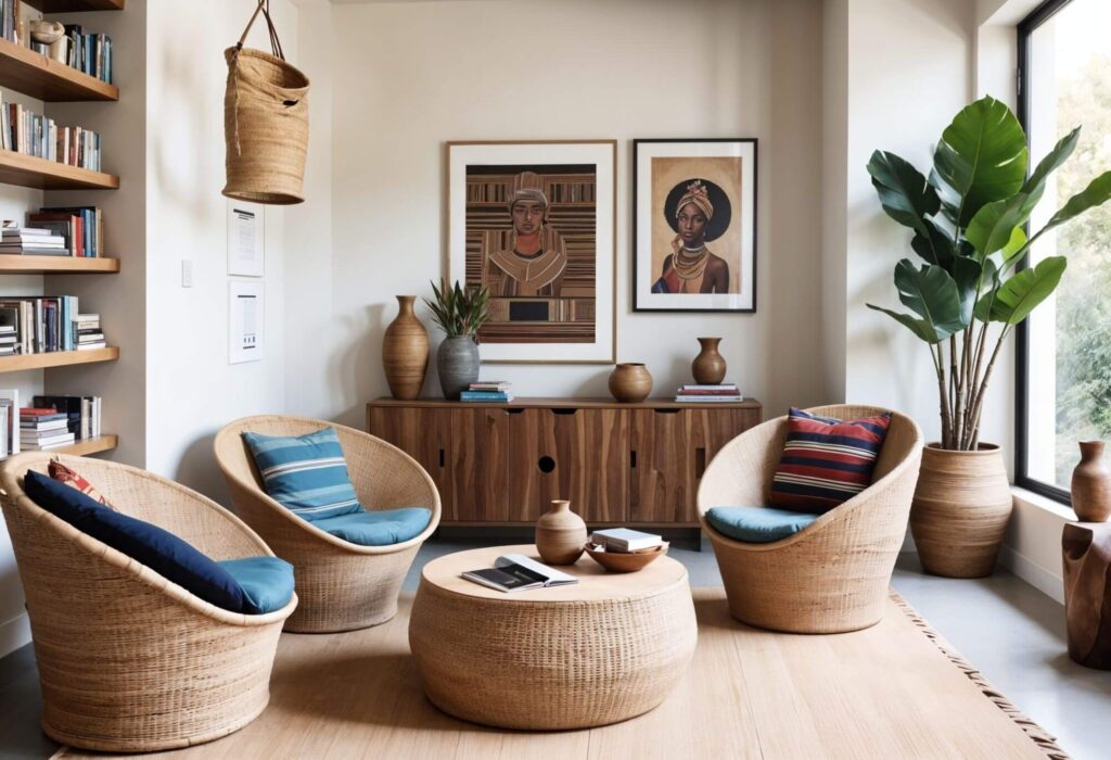African style reading area with woven chairs and a woven table
