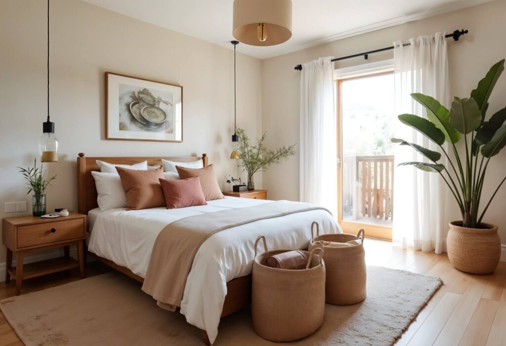 The image shows a well-lit bedroom with a neutral, earthy color palette. The bed is centered in the frame, featuring a wooden frame with a white comforter, two terracotta-colored square pillows, and two lighter brown square pillows. A beige throw is draped across the end of the bed. To the left of the bed is a wooden nightstand with a single drawer and an open shelf beneath. On top of the nightstand, there is a clear glass vase with some green sprigs. Above the nightstand, a pendant light hangs, consisting of a clear glass bulb with a black fixture and a small amount of material inside the bulb. On the wall above the bed hangs a framed picture with a warm-toned wooden frame. To the right of the bed is another nightstand, also in wood, with a similar green sprig arrangement in a vase. A large open window with sheer white curtains allows sunlight to stream into the room. Next to the window, a large potted plant with wide green leaves adds a touch of nature to the space. In front of the bed, there are two woven baskets of varying sizes, partly obscuring a beige rug that covers the wooden floorboards. Above the bed, a round beige lampshade hangs from the ceiling, providing additional light. The walls and ceiling are painted in a soft off-white color, contributing to the room's bright and airy feel. Beyond the window, a glimpse of a wooden patio and greenery can be seen, hinting at an outdoor space.