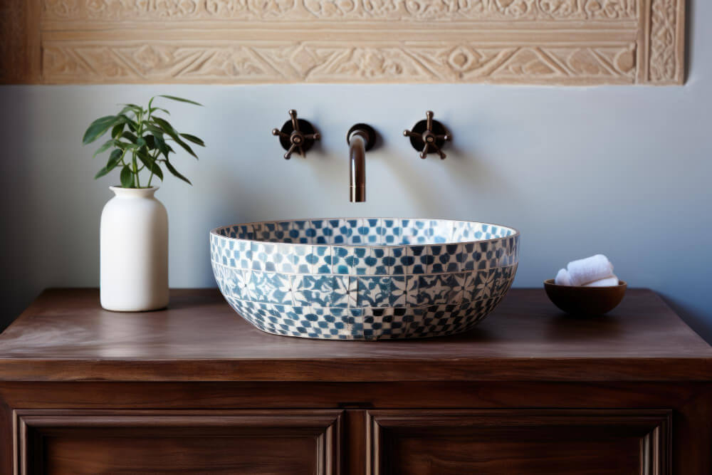 African decor for bathroom - tiled washbasin