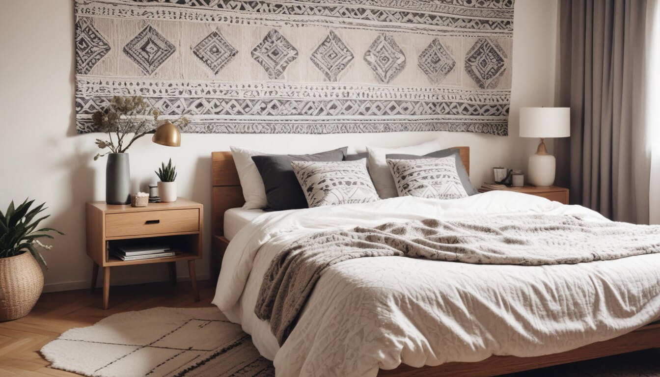 Neutral and tranquil bedroom decor with an Afro boho touch