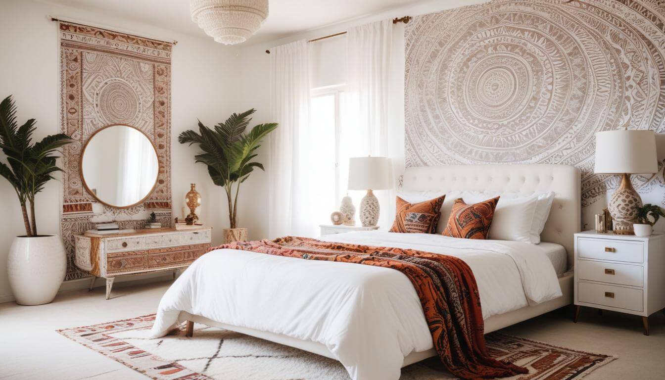 Chic and Luxurious bedroom with accents of African and bohemian styles