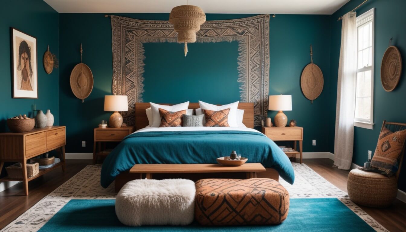 Bold and refined Afro bohemian bedroom decor