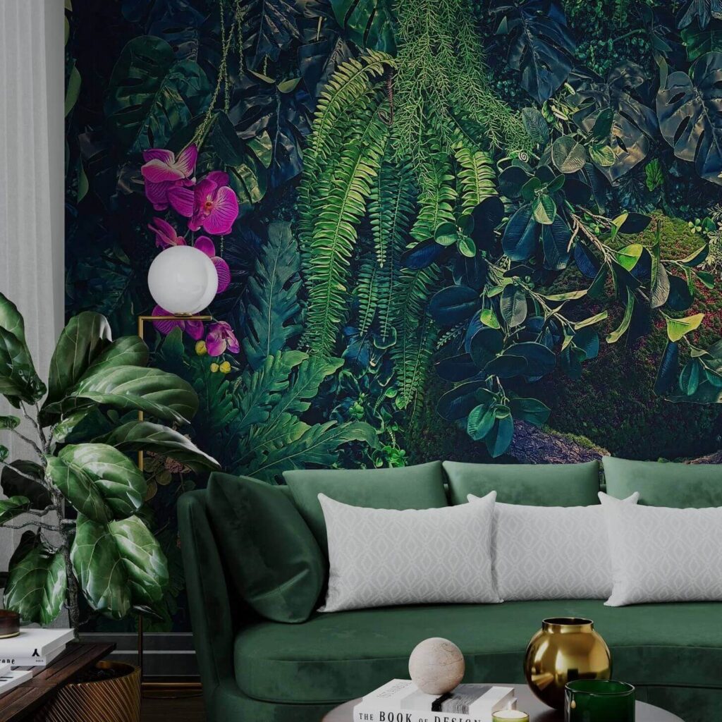 Botanical living room with a wallpaper representing the African jungle. It has a green couch with white throw pillows, plants, and decor items.