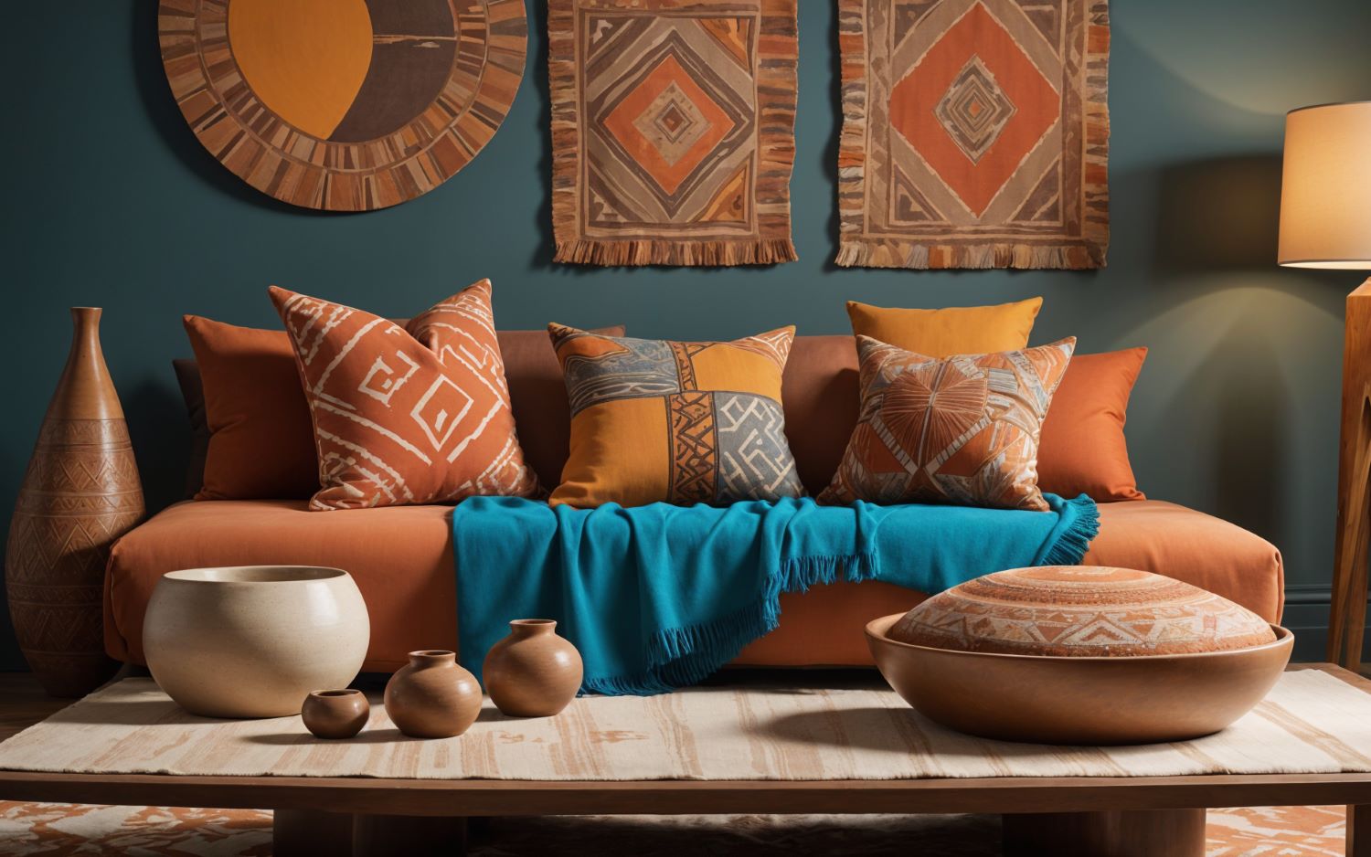 Seating area with a vibrant orange sofa, pattern throw pillows in a similar orange hue, a blue throw blanket, a low wooden table with decorative bowls and vases on it. The wall behind the sofa is blue and adorned with african-inspired wall hangings