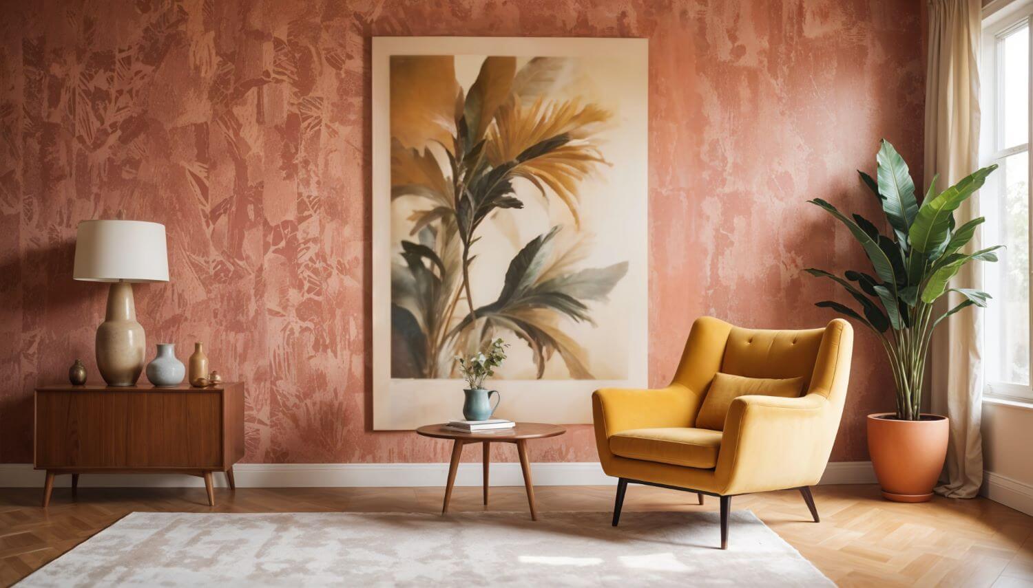 Large wall with a vibrant african inspired wall paper. There is a wooden table with a cream lamp on it, a mustard-color sofa and a plant in the corner