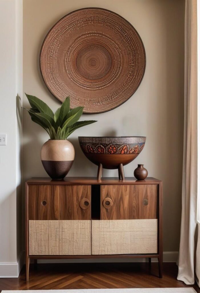 African inspired home decor: wooden cabinet and decorative objects