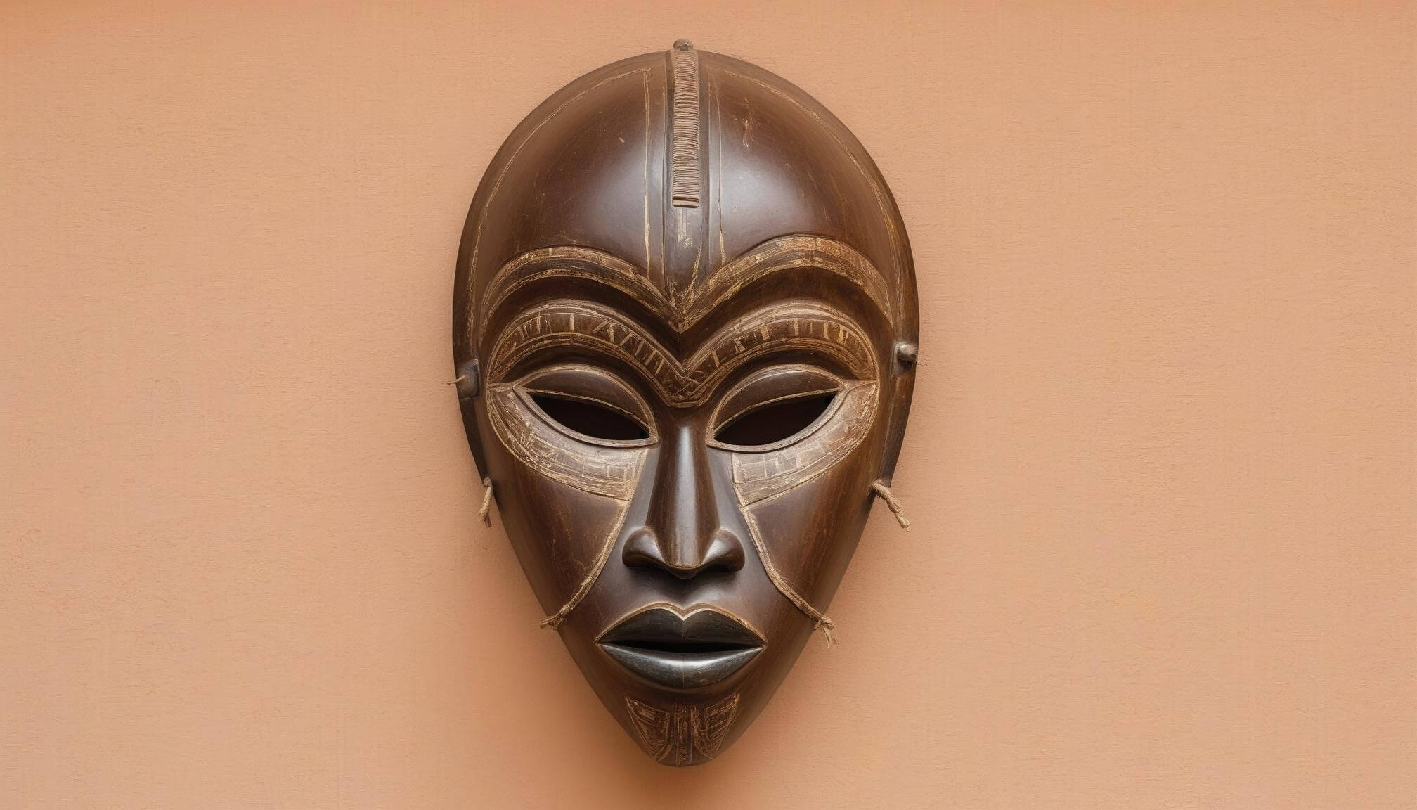 Dark brown African mask hanged on an earth colored wall