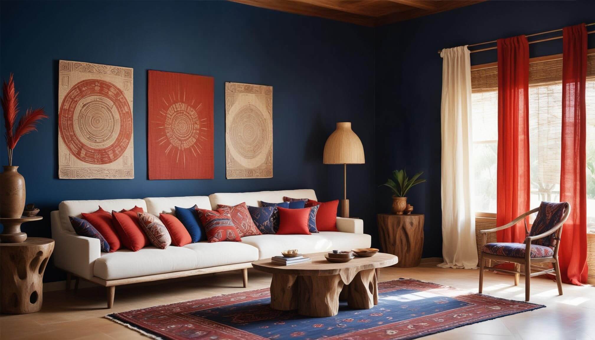 A chic African-inpired living room with 3 main colors: cream, blue and red. It showcases a sofa with accent cushions, an uplhostered armchair, a patterned rug, uniquely shaped coffee table and side table, a beautiful table lamp, and assorted curtains.