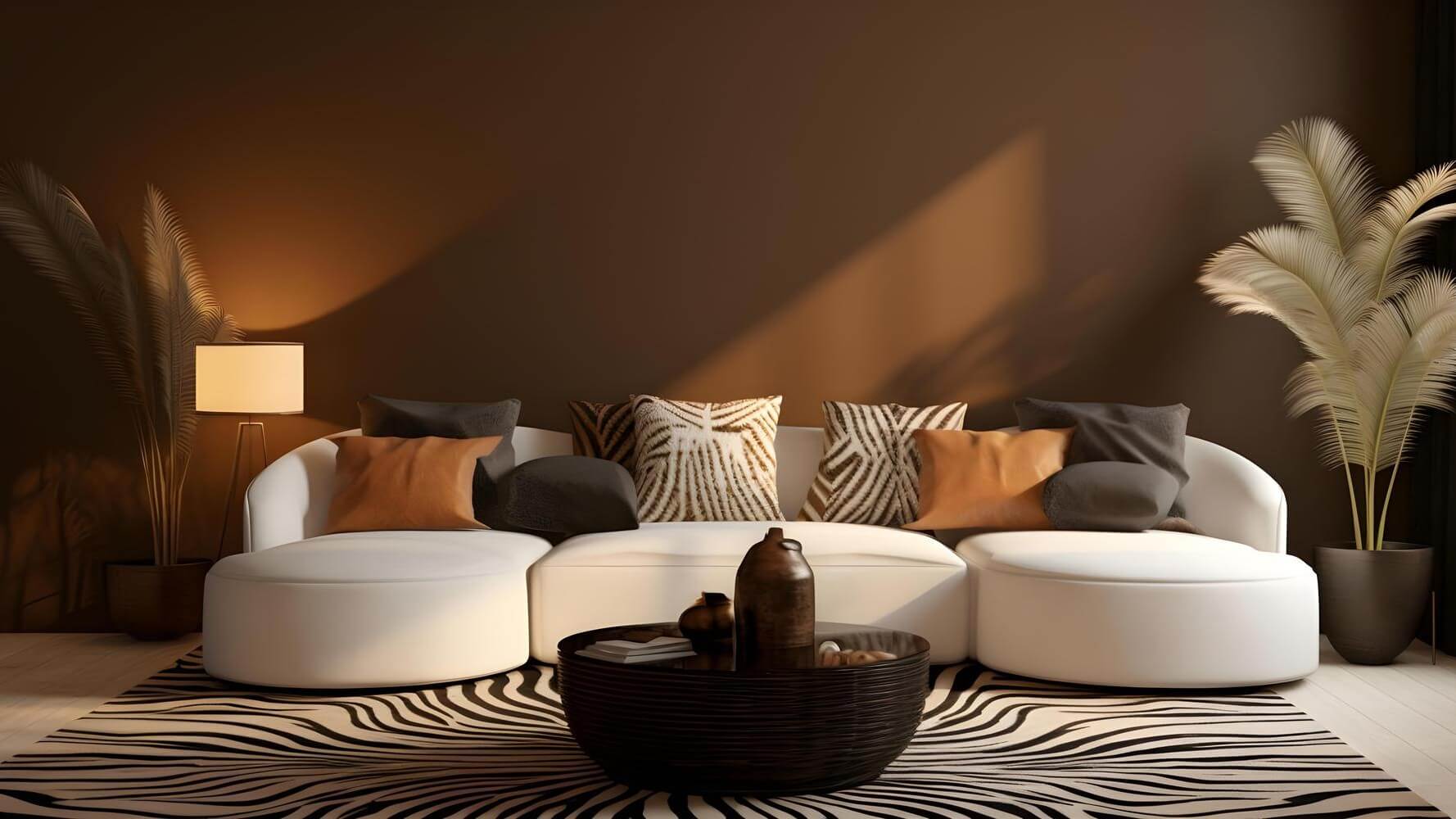 African-inspired interiors: chic white sofa, earth-toned throw pillows, round ebony coffee table, floor lamp and decor items