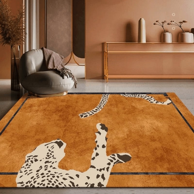 African living room furniture: An orange rug with a panther drawn on it