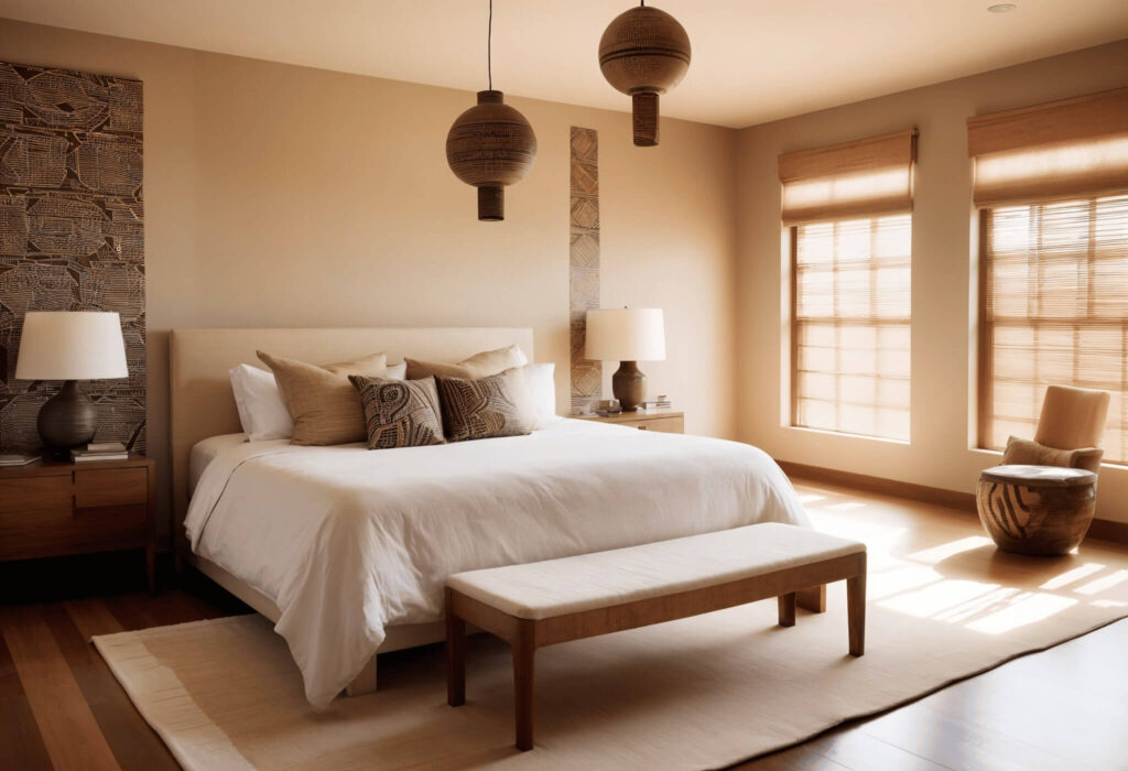 Modern west African bedroom with subtle pattern accents and an patterned wallpaper