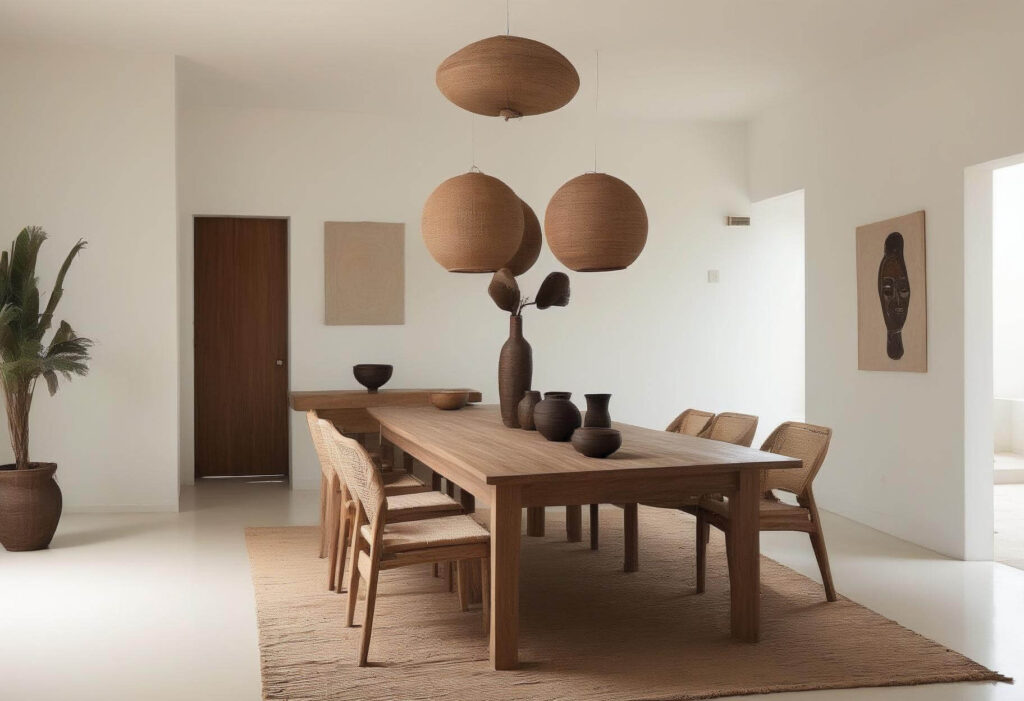 Modern African dining room with a large wooden table, woven chairs and woven pendant lamps