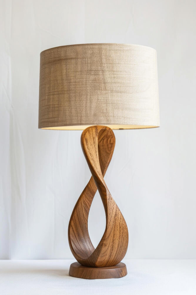 Table lamp with a beautiful wavy wooden base and a cream lampshade