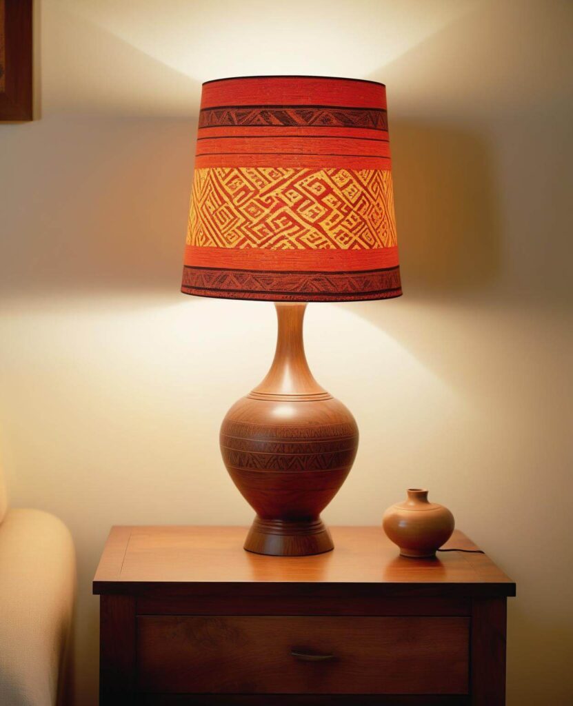 African inspired home decor: table lamp with a wooden base and a vibrant lampshade in red and orange hues