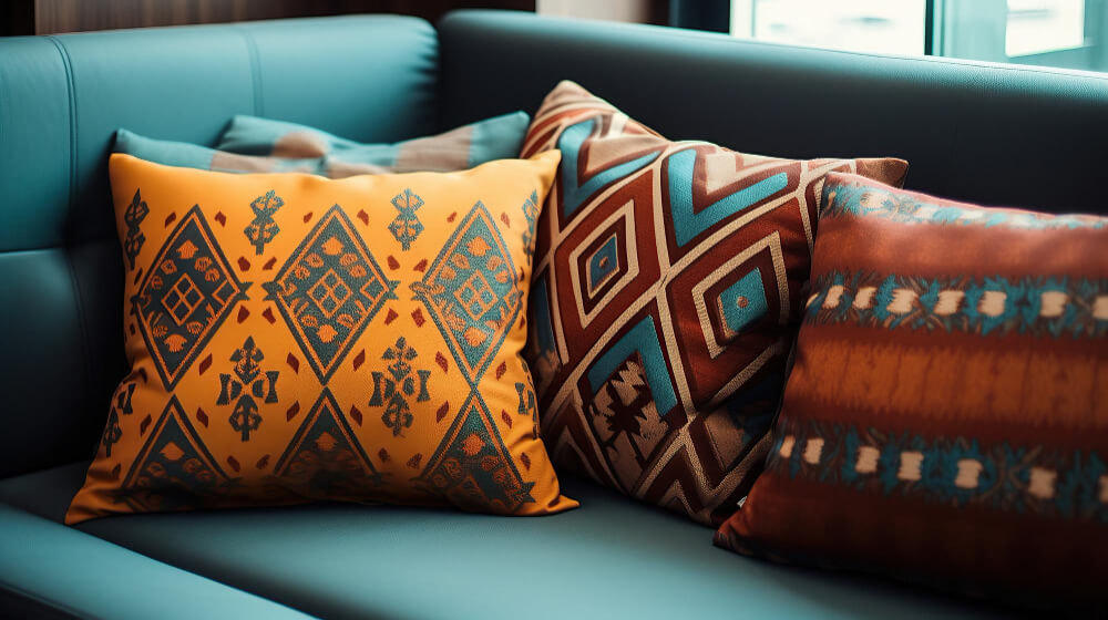 Patterned throw pillows on a blue sofa