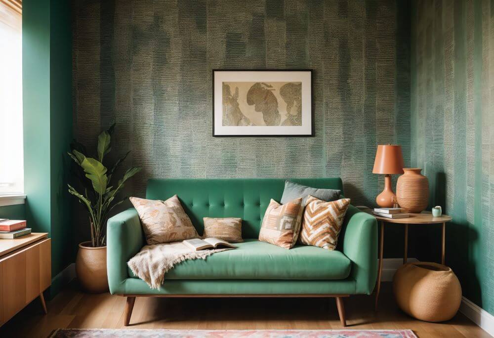 African inspired home decor: reading area in green tones with a vibrant patterned green wallpaper, a green sofa, neutral colored throw pillows and terracotta decorative objects