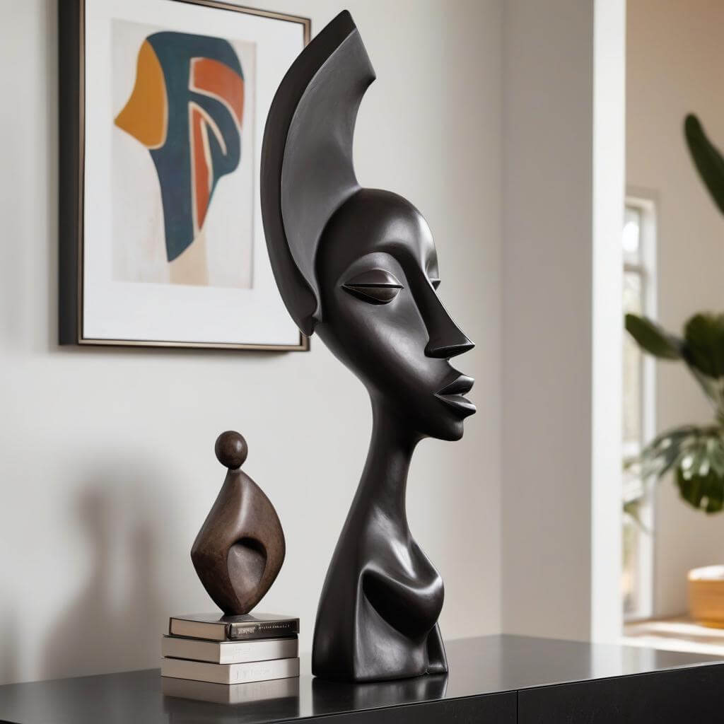 Modern interior with an intricate African ebony sculpture representing the bust of a woman