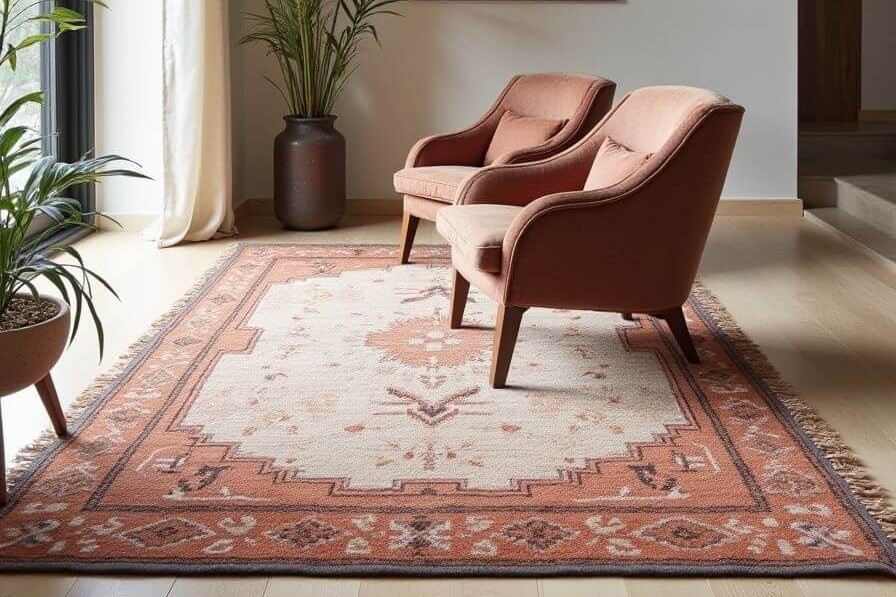 2 pink Armchairs facing a glass window on top of a dark pink Egyptian carpet rug