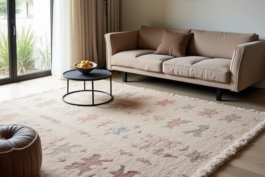 A South African rug in a cream color with colorful motifs. It is handwoven in a blend of mohair and wool and displayed in a seating area