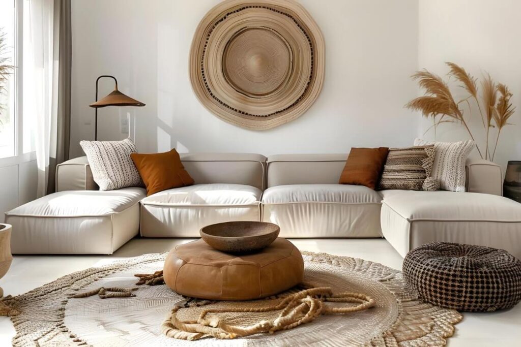 African living room decor: Light couch with light wall, earth-toned living room decor, pouffes and wooden bowls, woven items