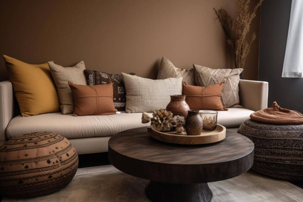 Light couch and different earth-toned colored pillows, dark-wood round coffee table, decor titems