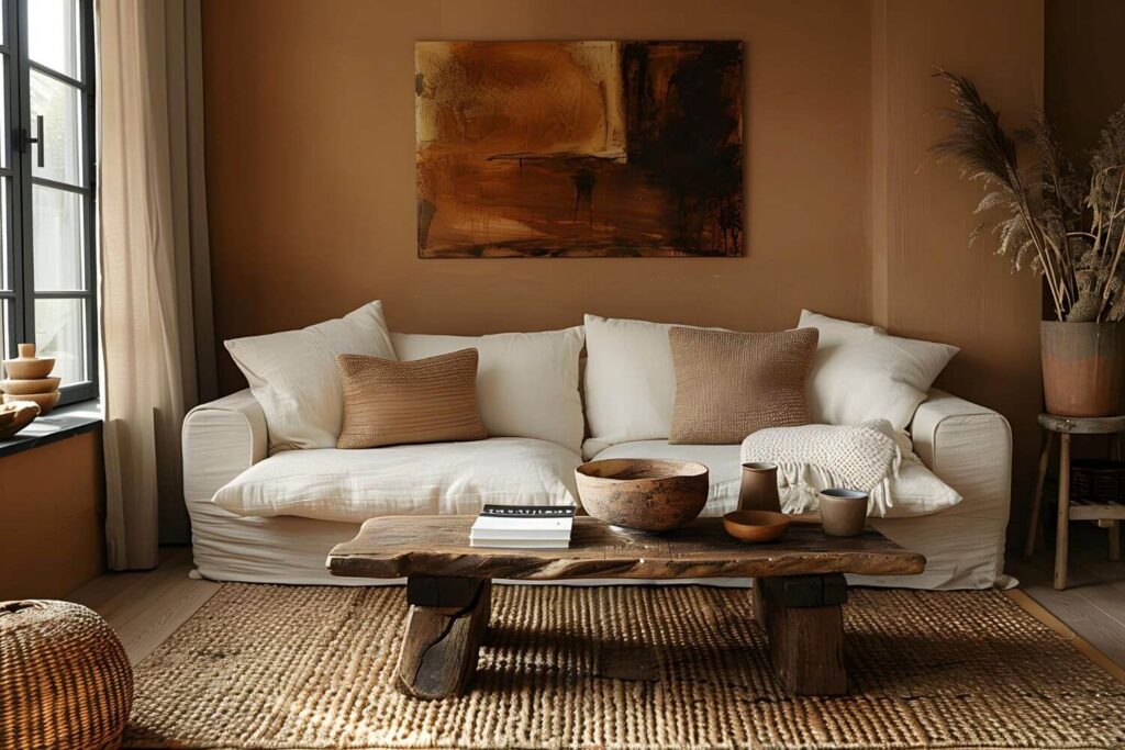 Jute mat, organically shaped wooden table, earth-toned painting, white couch and soft-colored pillows, decor items