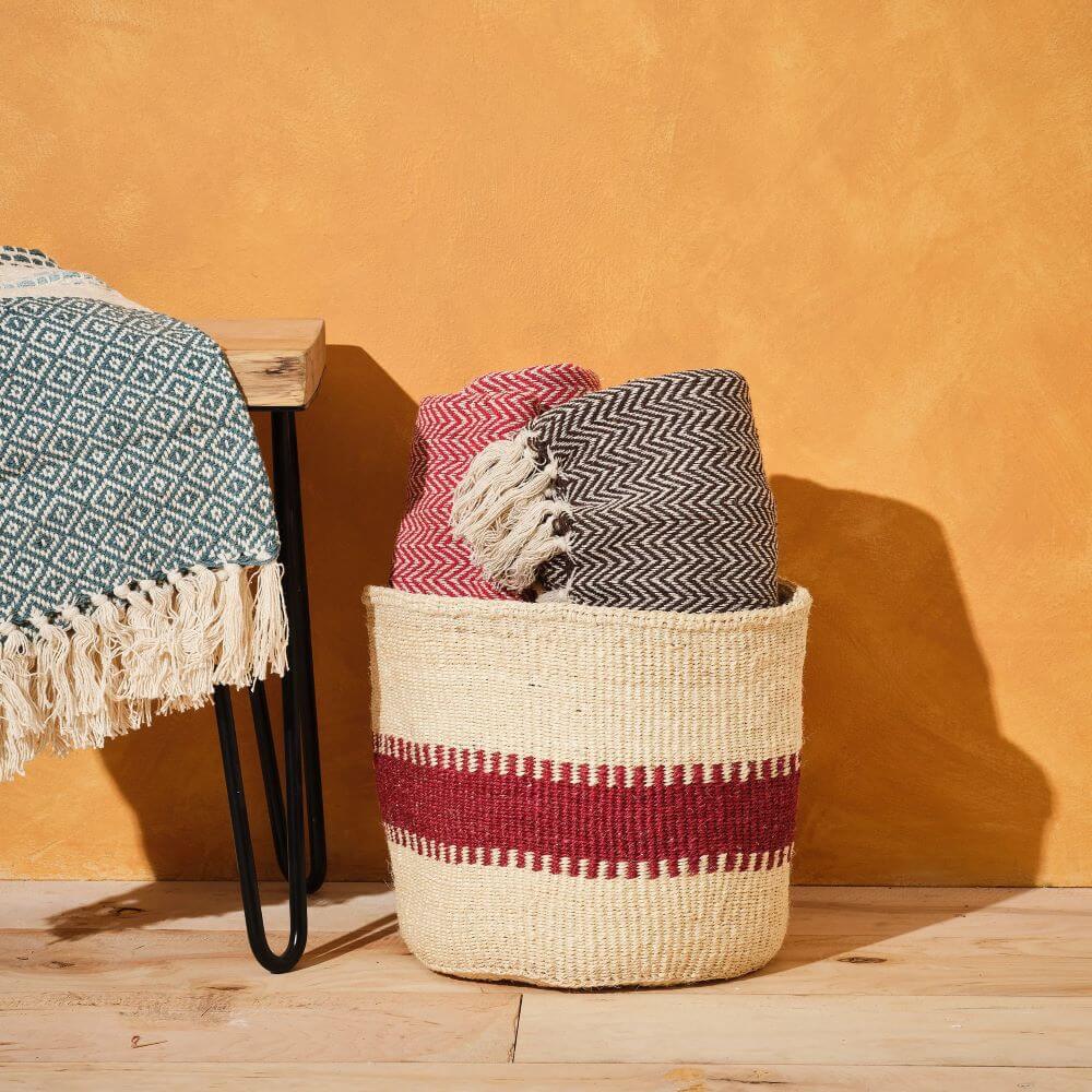 Maroon stripe sisal basket