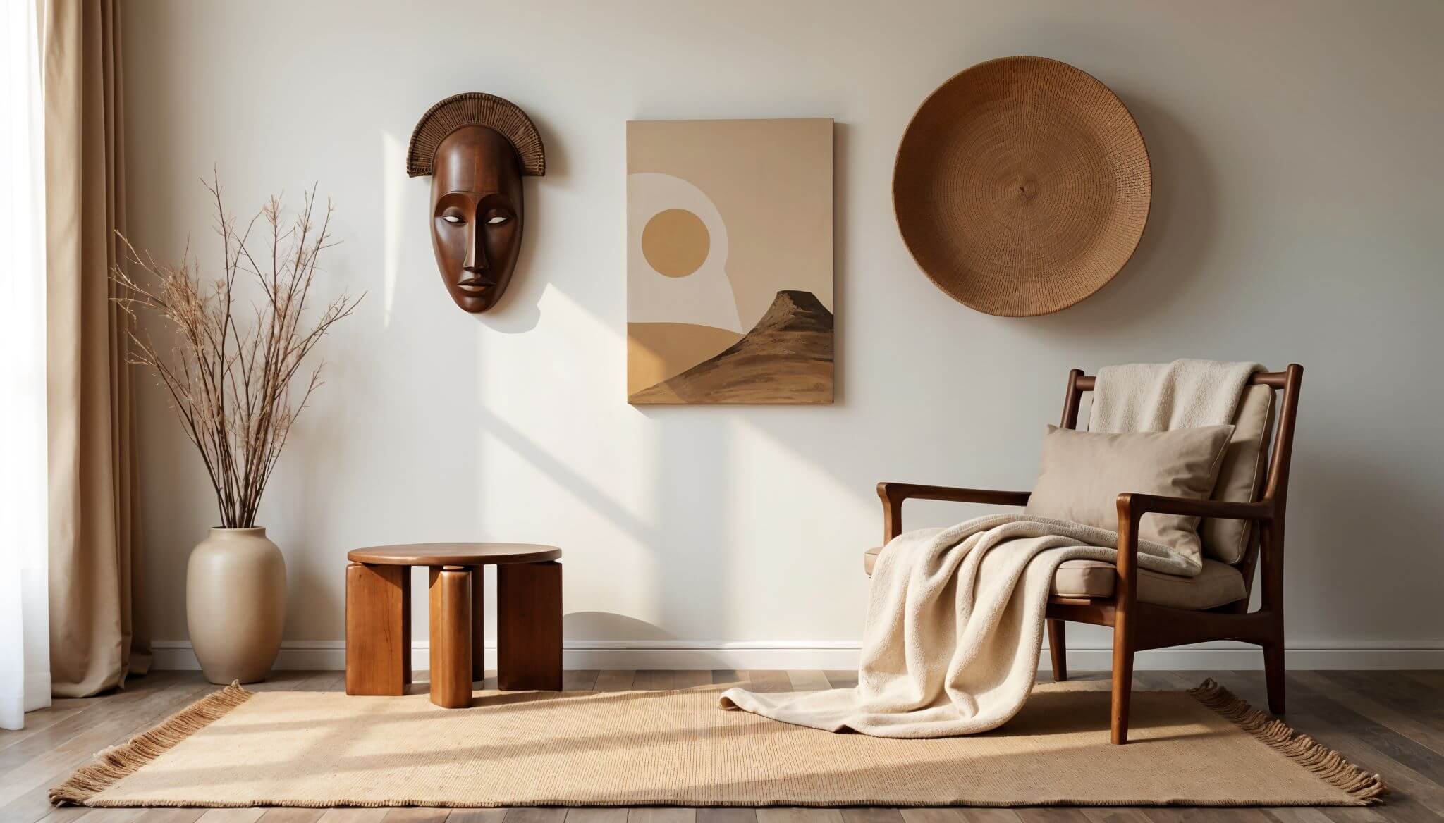 African interior design trends - Modern African interior with an Iroko stool, a dark-wood African Mask, a woven African wall basket, a cotton rug, an armchair with a cream-colored cotton throw blanket and a painting with abstract organic shapes