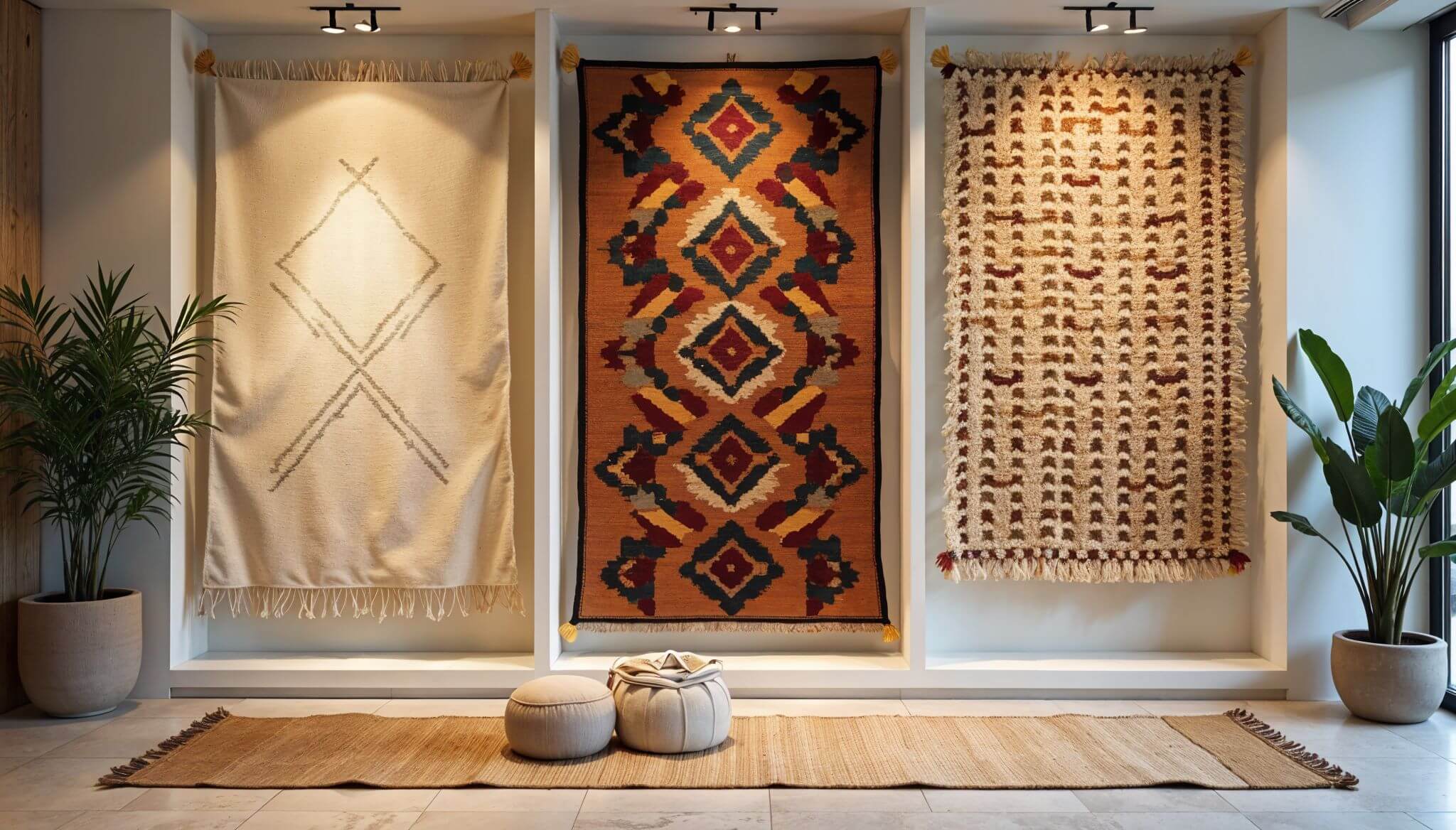 3 African rugs displayed against a wall: a cream-colored moroccan berber rug, a colorful egyptian rug and a wool and mohair rug. A Jute rug mat on the floor