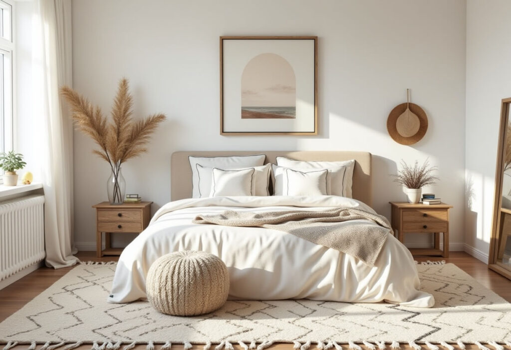 African rugs: bedroom with a cream Moroccan Berber rug