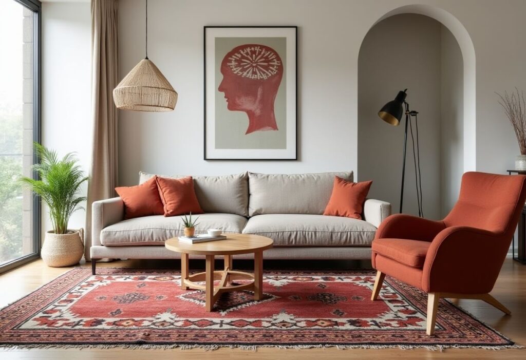 Living room with a vibrant red moroccan rug in the kilim style