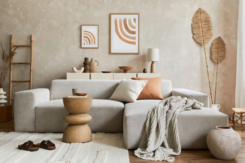 African-inspired living room with a grey sofa, organic decor items, a light-wood table, a ceramic jar and woven banana leaves