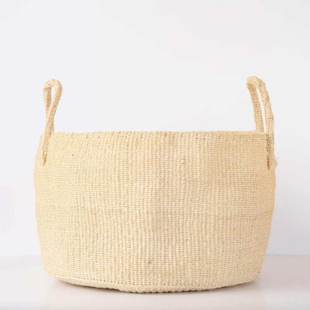 Sisal storage basket with handles in white