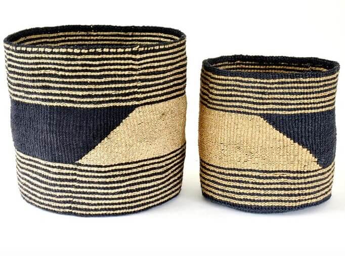 Set of 2 geometric sisal bins in cream and dark blue