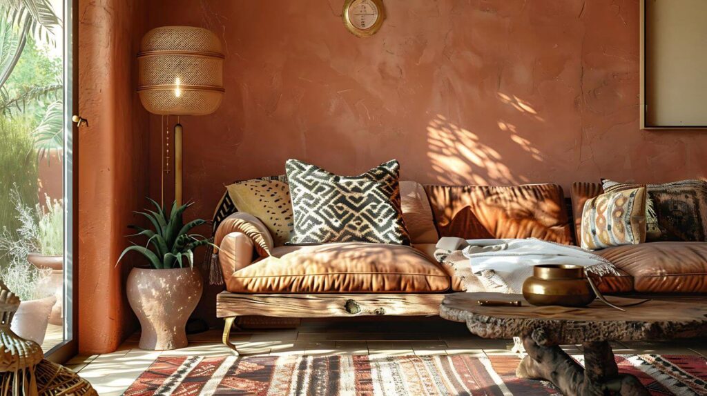 African living room: terracotta-colored wall, brown couch, patterned throw pillows and patterned rug, woven floor lamp, terracotta plant pot