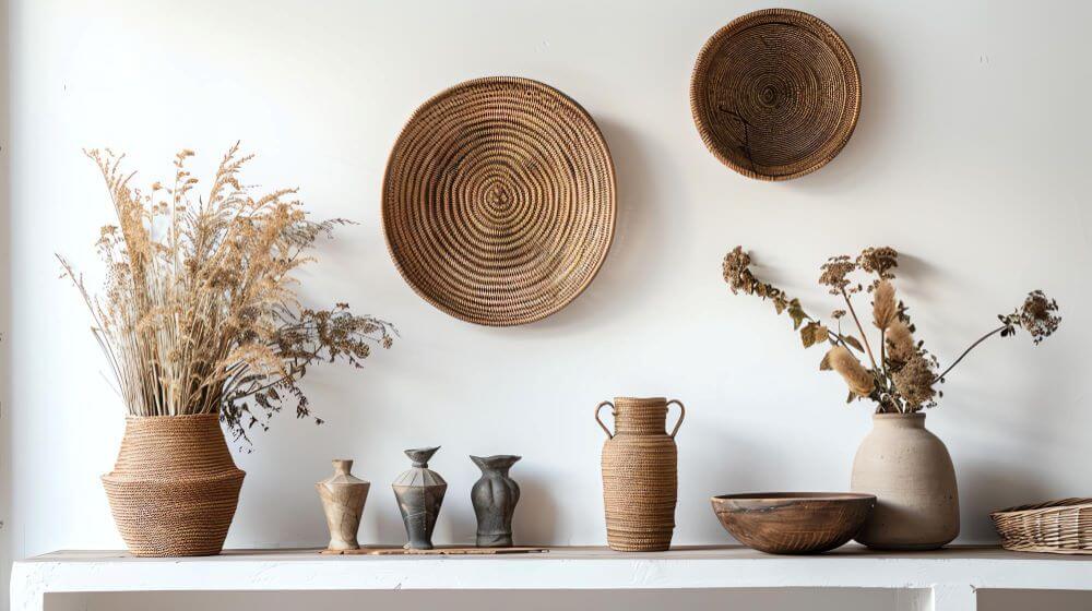 Natural fiber decor items: jars, vases and wall baskets