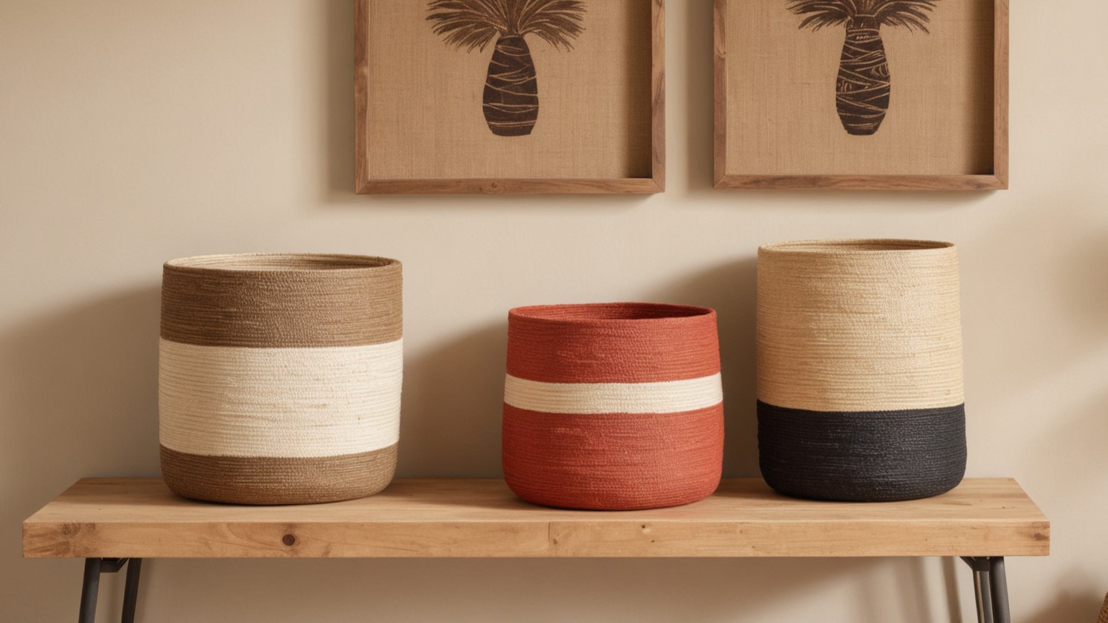 3 elegant sisal baskets on a bench. The first sisal basket is in natural color and white, the second sisal basket is in red with one stripe of white and the third sisal basket is white with a dark blue stripe at the bottom